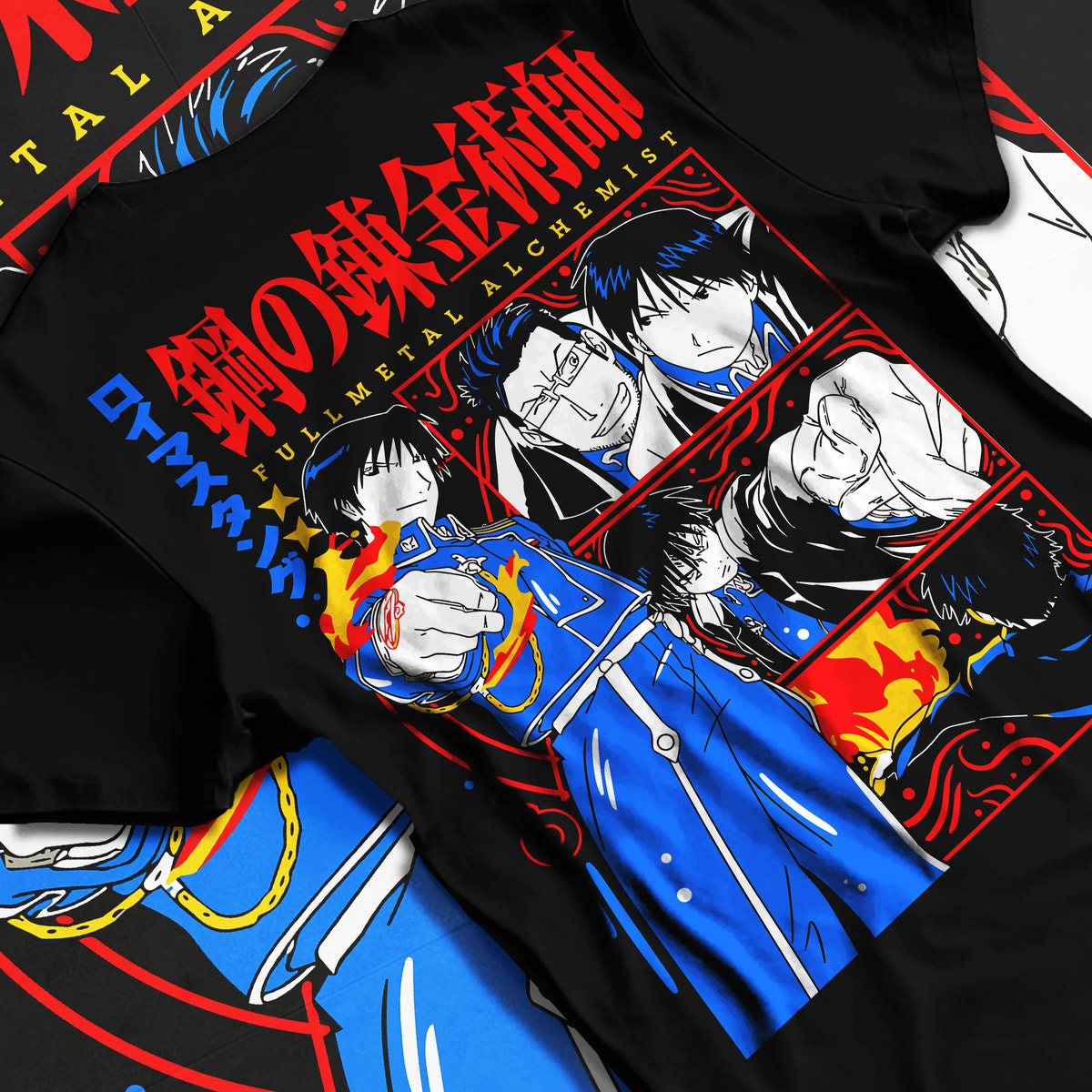 Black T-shirt flat back view with Edward Elric / Fullmetal Alchemist ensemble illustrated back graphic