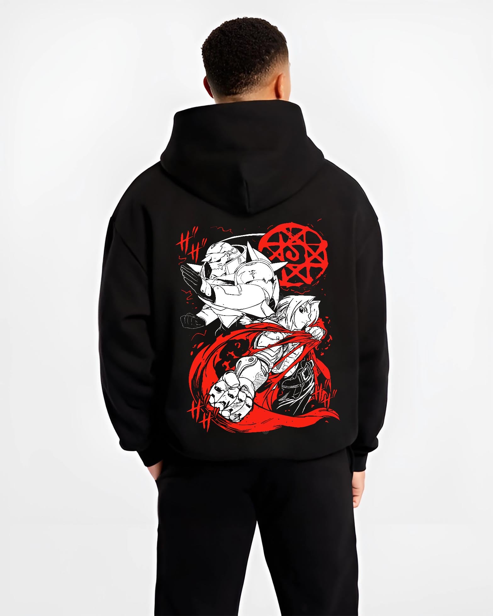 Black hoodie worn by a male model, back view, featuring Fullmetal Alchemist retro manga graphic with Edward and Alphonse against striking red alchemy circle inspired artwork.