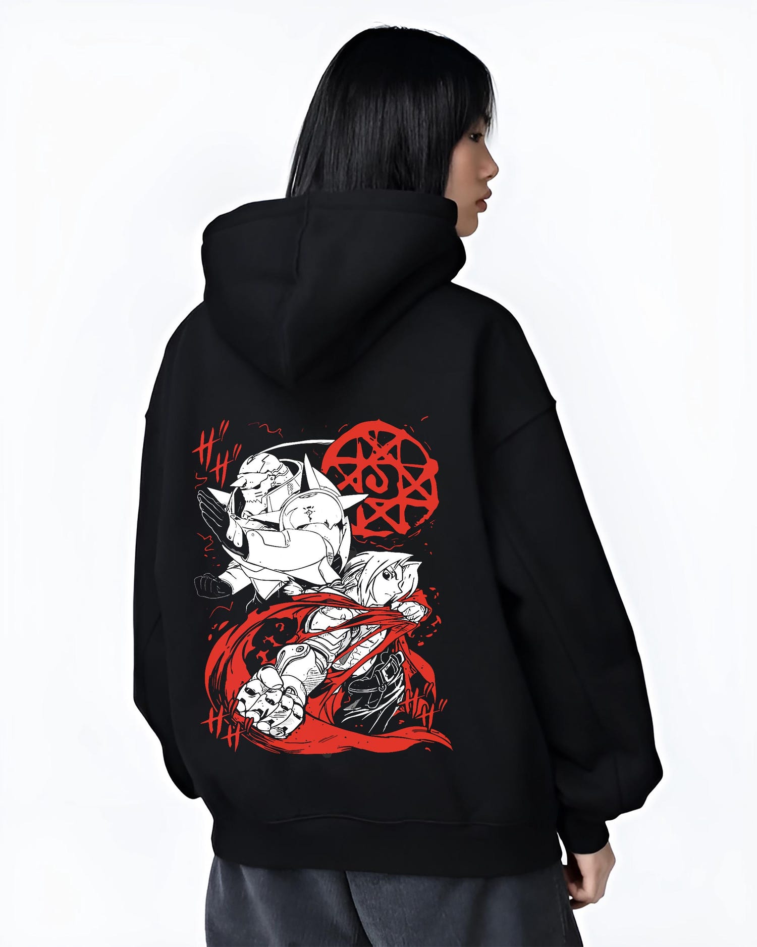 Black hoodie worn by a female model, back view, featuring Fullmetal Alchemist anime poster inspired Edward and Alphonse design with flowing red scarf and alchemy circle background.