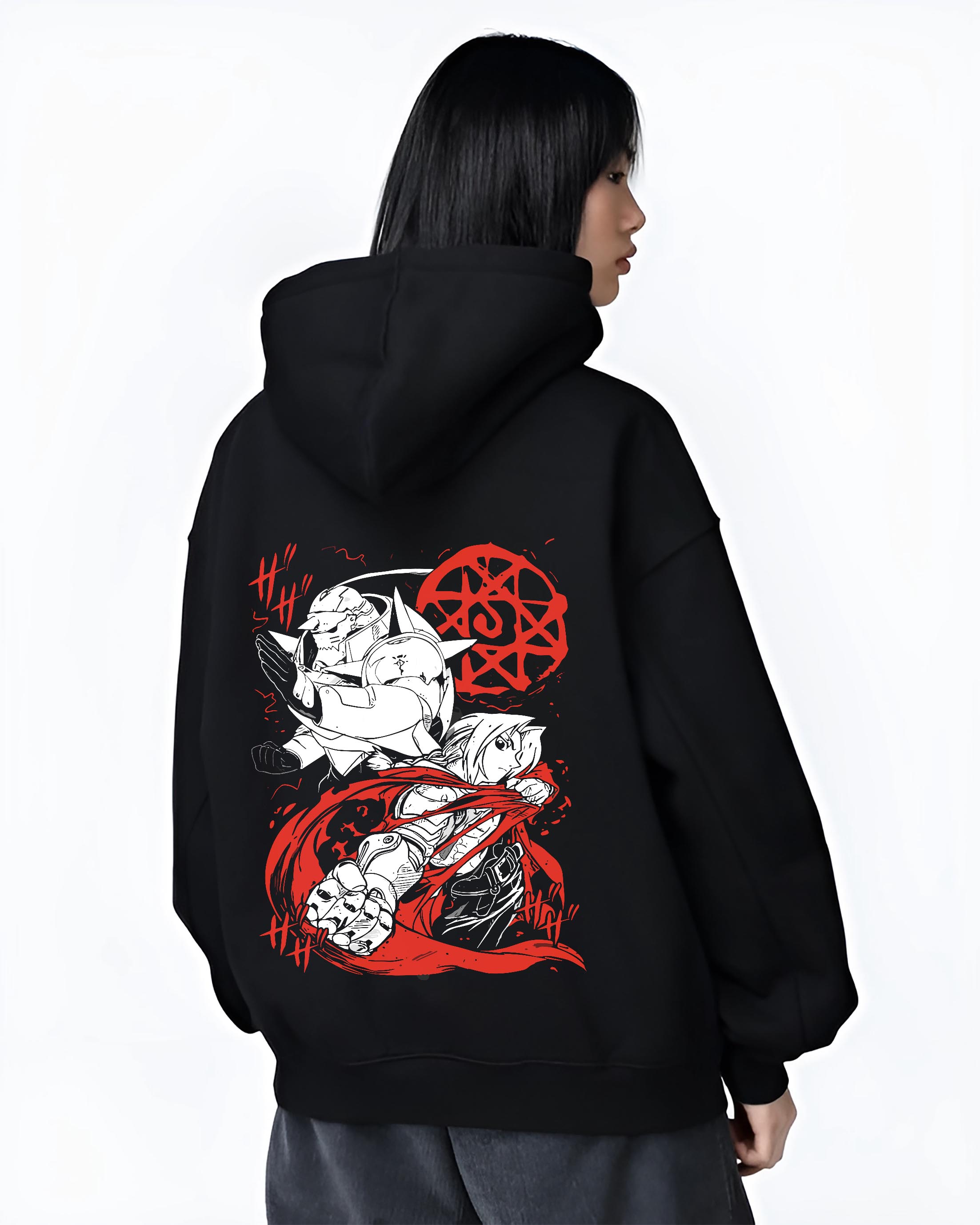 Black hoodie worn by a female model, back view, featuring Fullmetal Alchemist anime poster inspired Edward and Alphonse design with flowing red scarf and alchemy circle background.