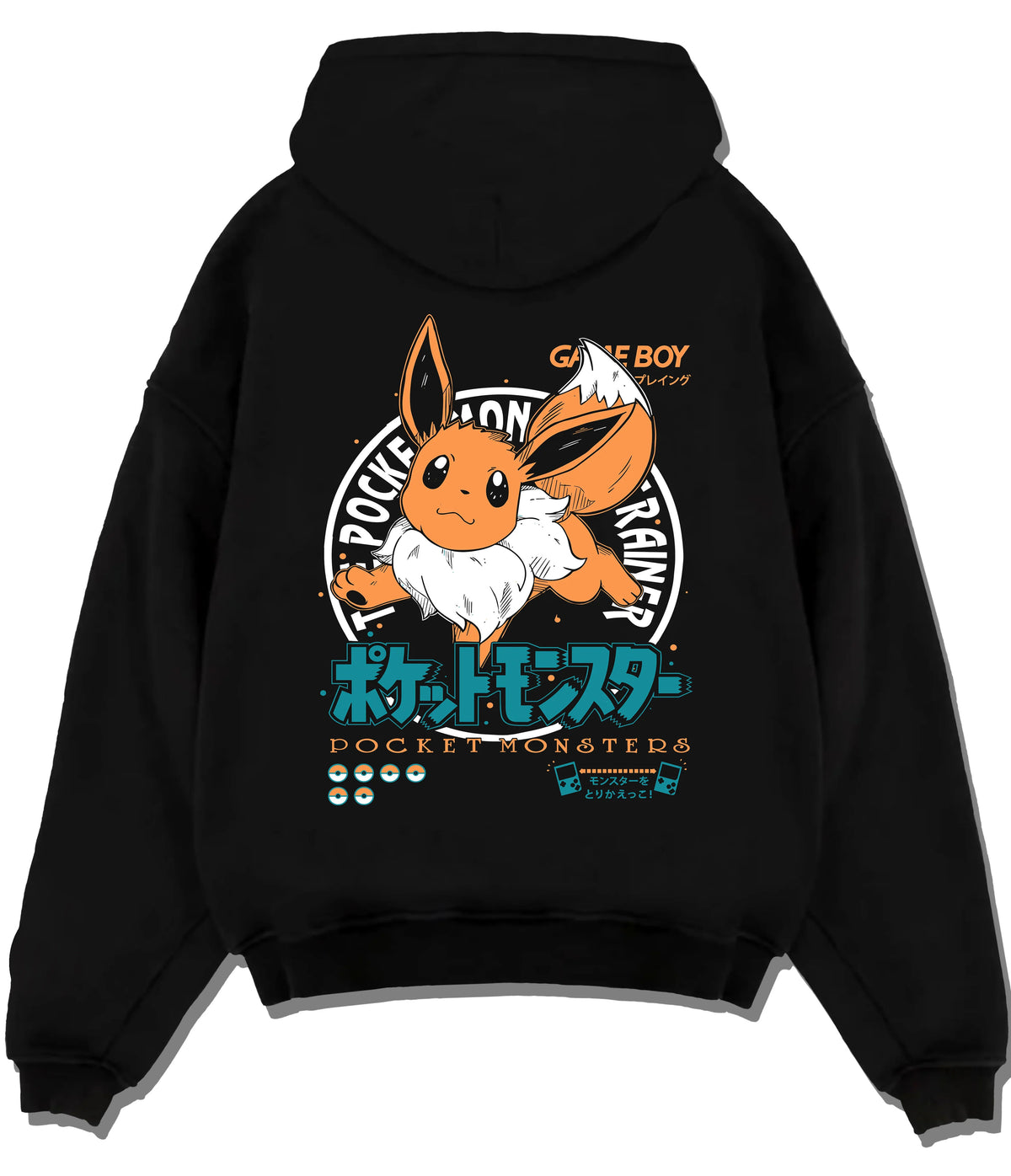 Black hoodie flat back view showing Eevee from Pokémon: Pokémon cartoon with orange circular motif