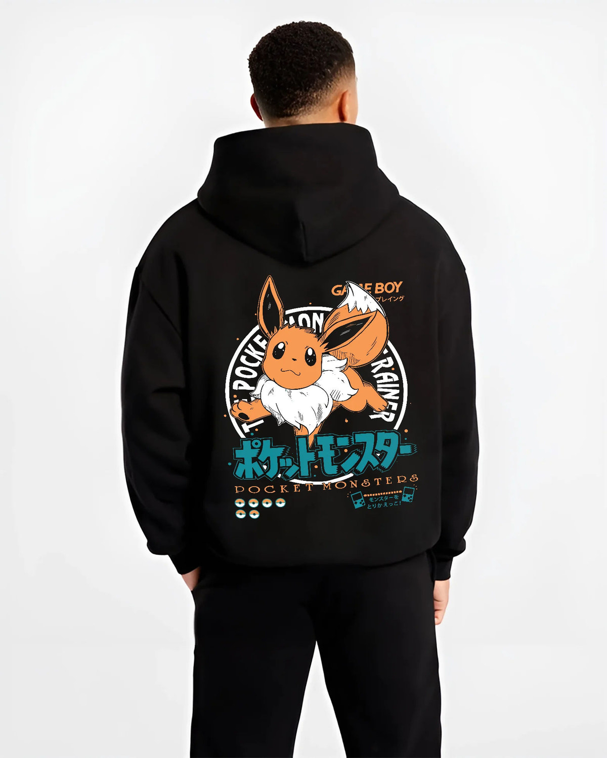 Black hoodie model back view showing Eevee from Pokémon: Pokémon cartoon with orange circular motif