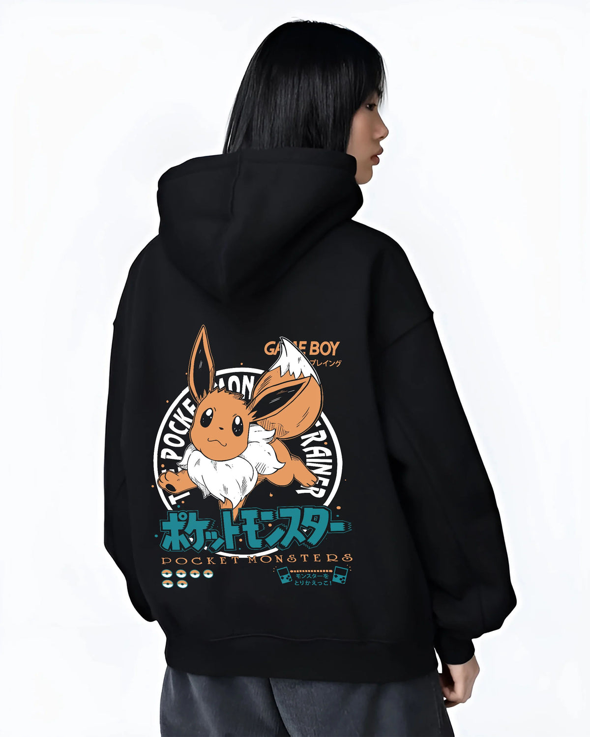 Black hoodie female model back view showing Eevee from Pokémon: Pokémon cartoon with orange circular motif