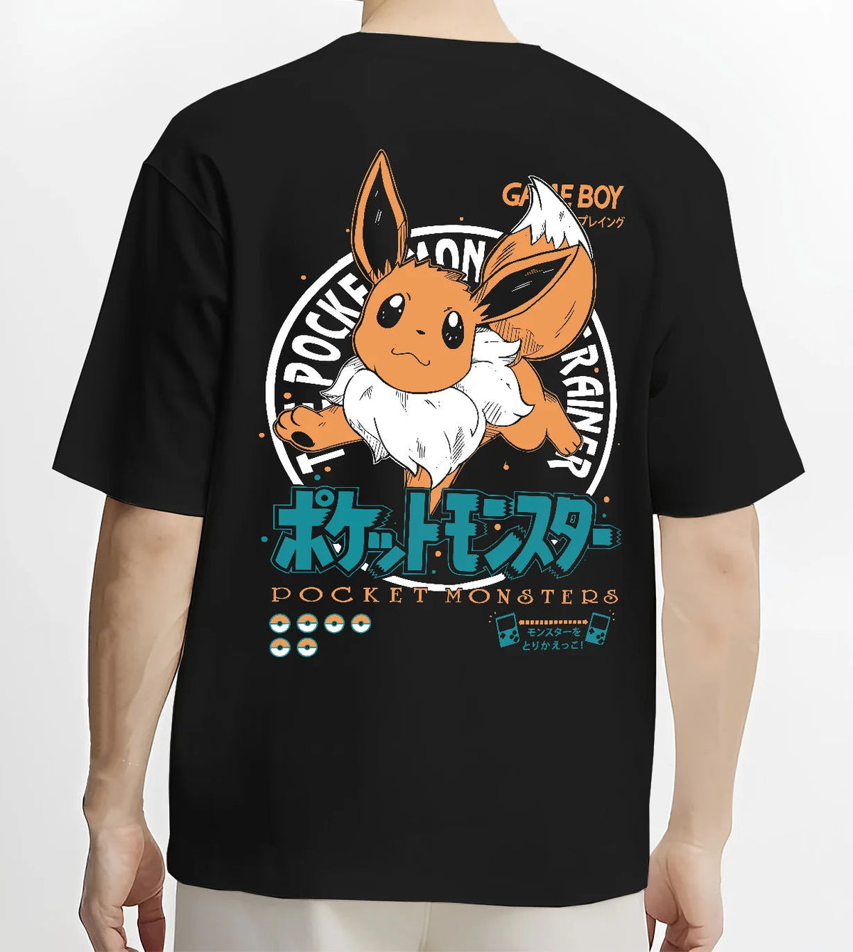 Black T-shirt model back view showing Eevee from Pokémon: Pokémon cartoon with orange circular motif