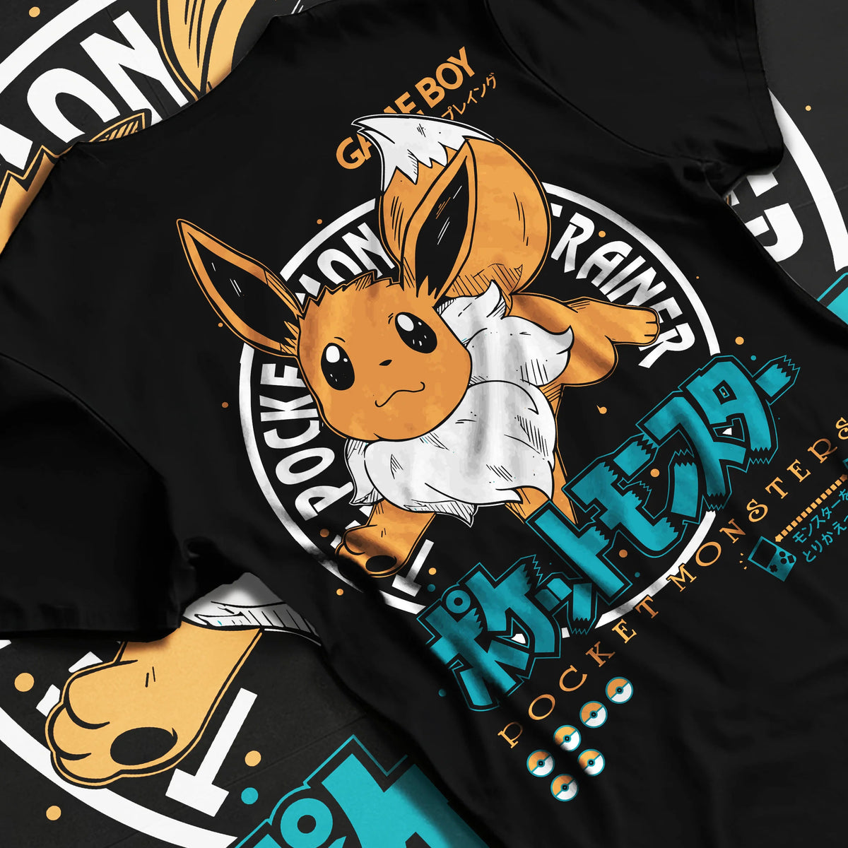 Black T-shirt flat back view showing Eevee from Pokémon: Pokémon cartoon with orange circular motif