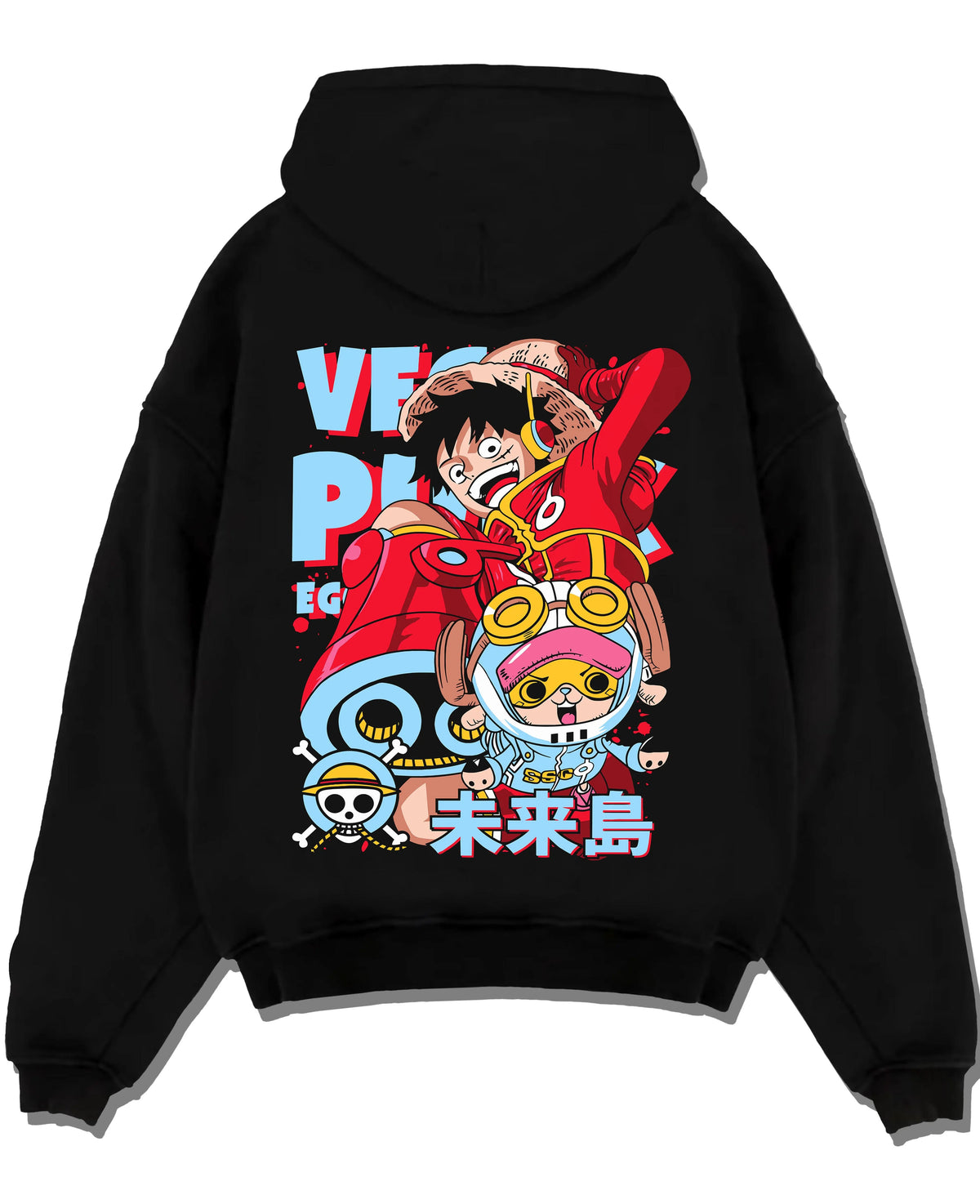 Black hoodie laid flat featuring Luffy One Piece Egghead future pirate artwork.