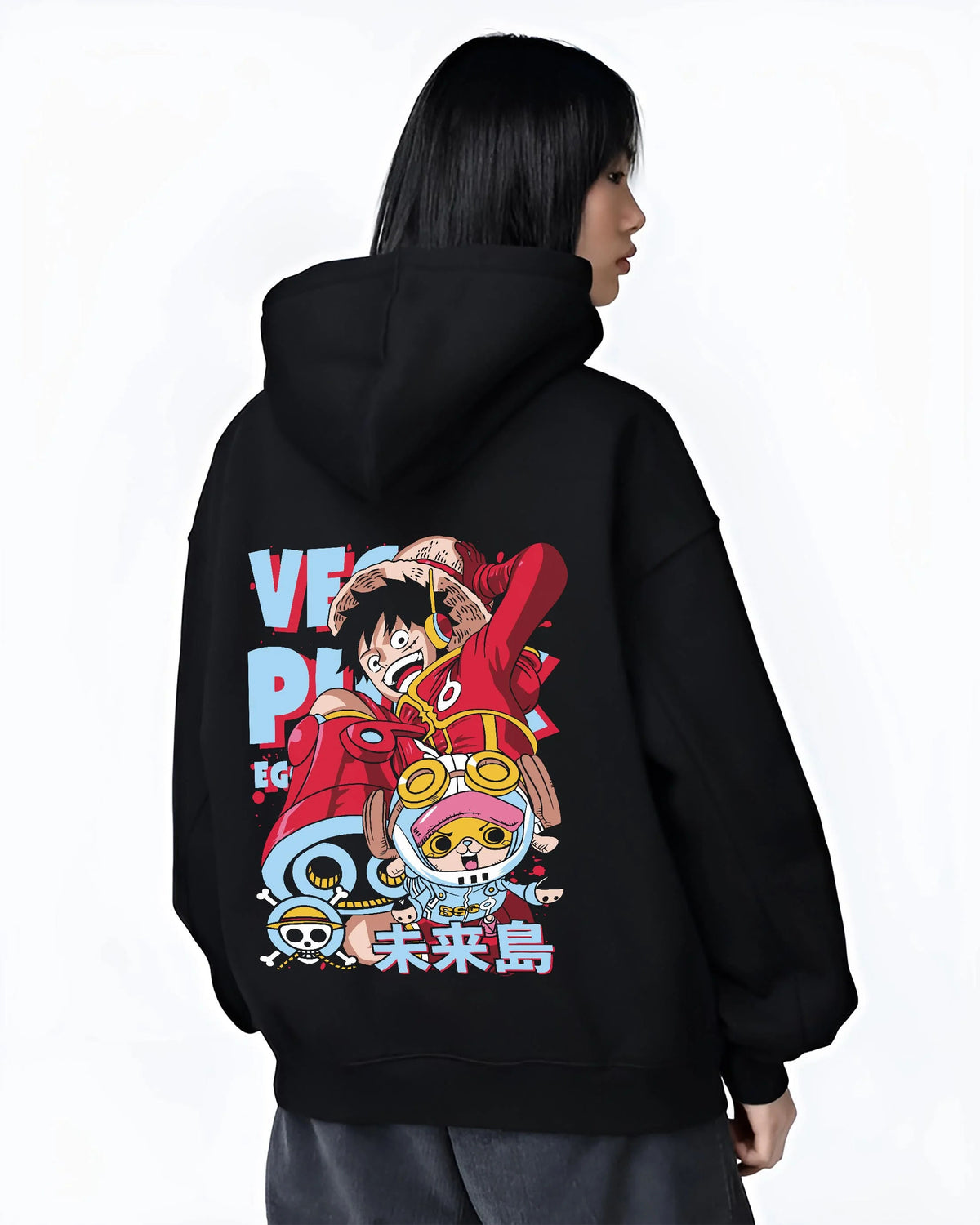 Black hoodie worn by female model from the back featuring Luffy One Piece Egghead future pirate artwork.