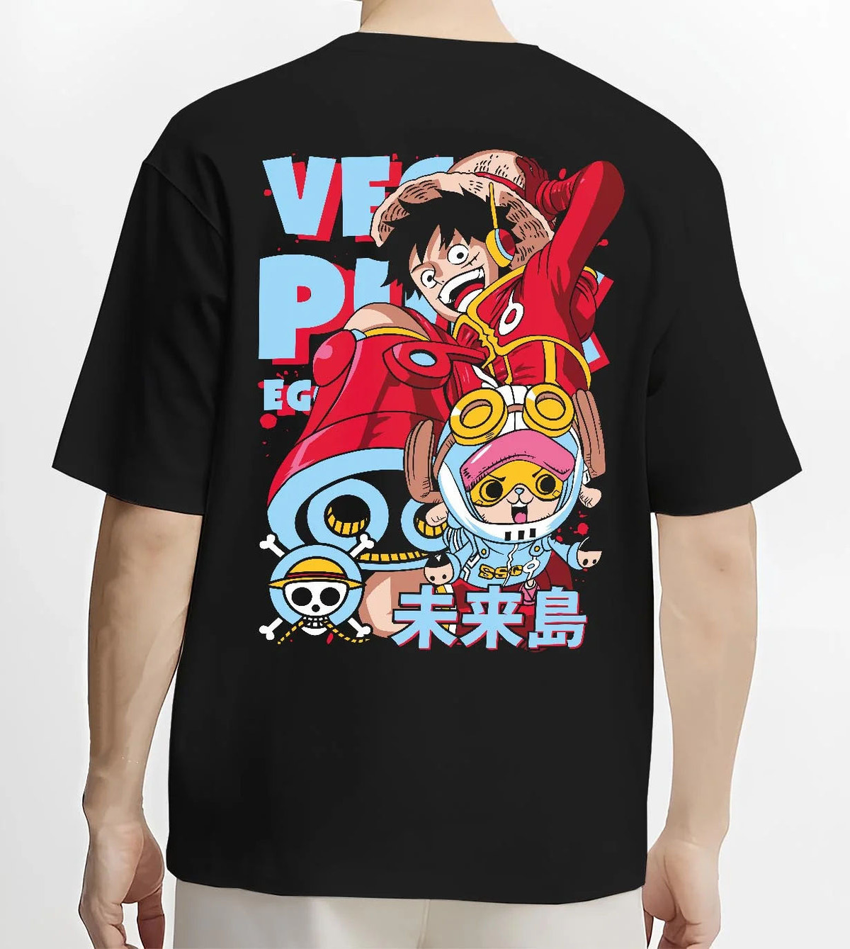Black T-shirt worn by male model from the back featuring Luffy One Piece Egghead future pirate artwork.
