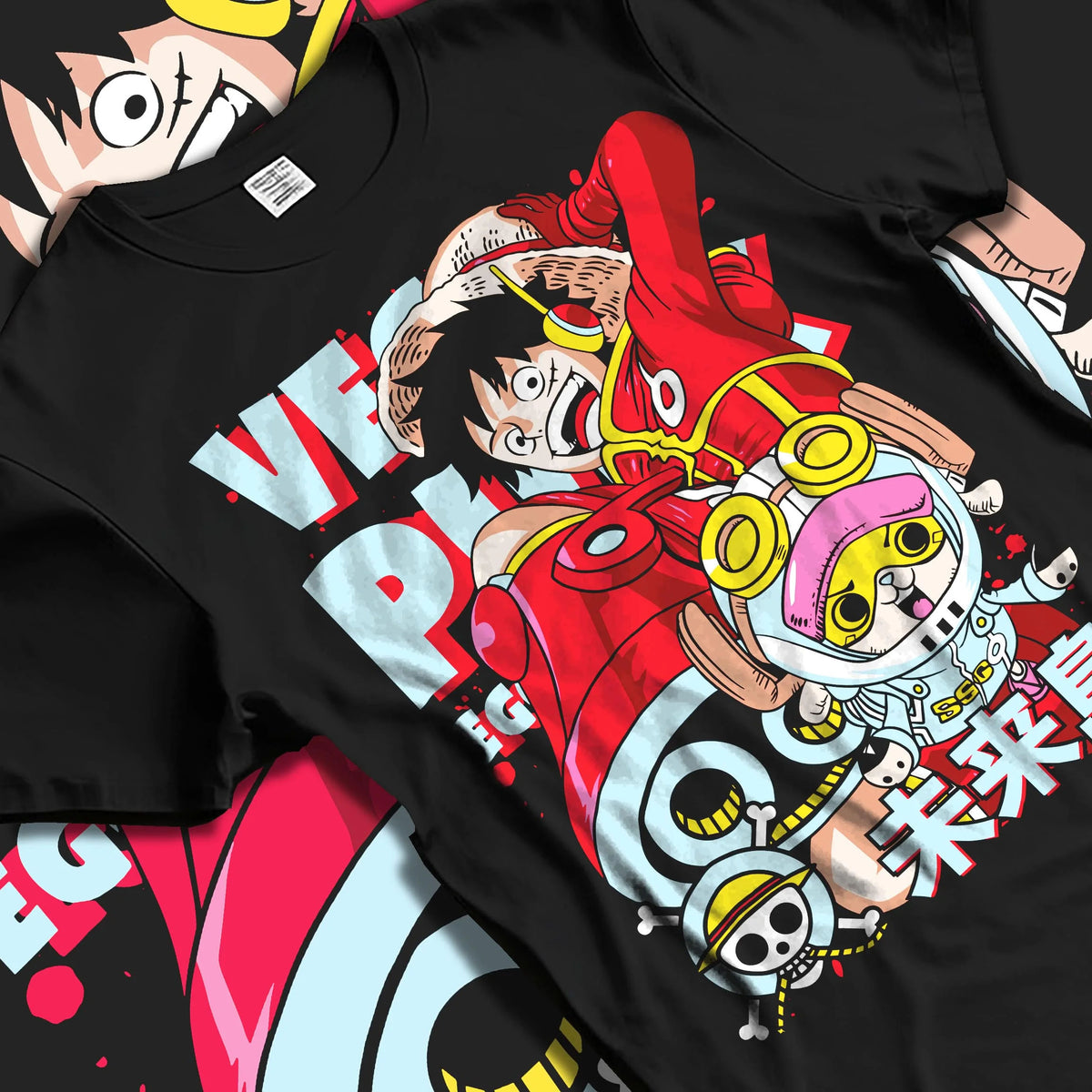 Black T-shirt laid flat with natural folds featuring Luffy One Piece Egghead future pirate artwork.