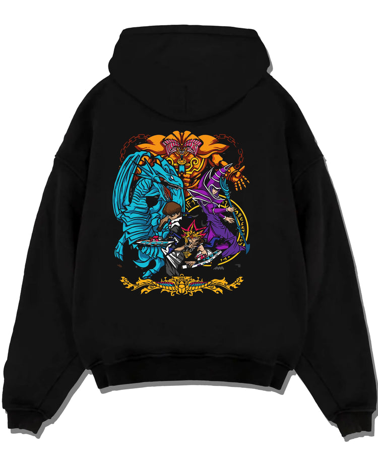 Black hoodie laid flat featuring Yu-Gi-Oh Egyptian Gods trio artwork.