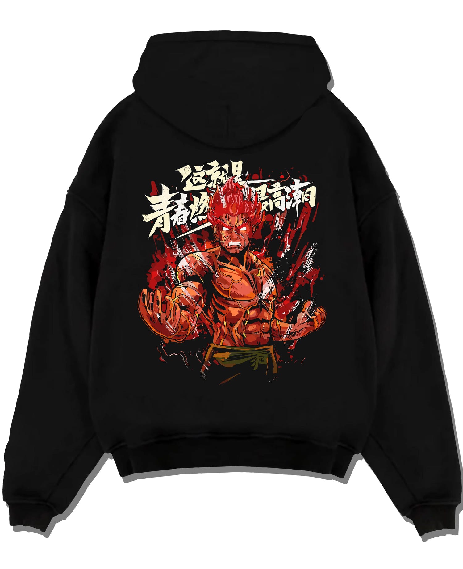 Black pullover hoodie laid flat, featuring Might Guy Naruto Shippuden Eight Gates fiery anime poster inspired streetwear artwork.
