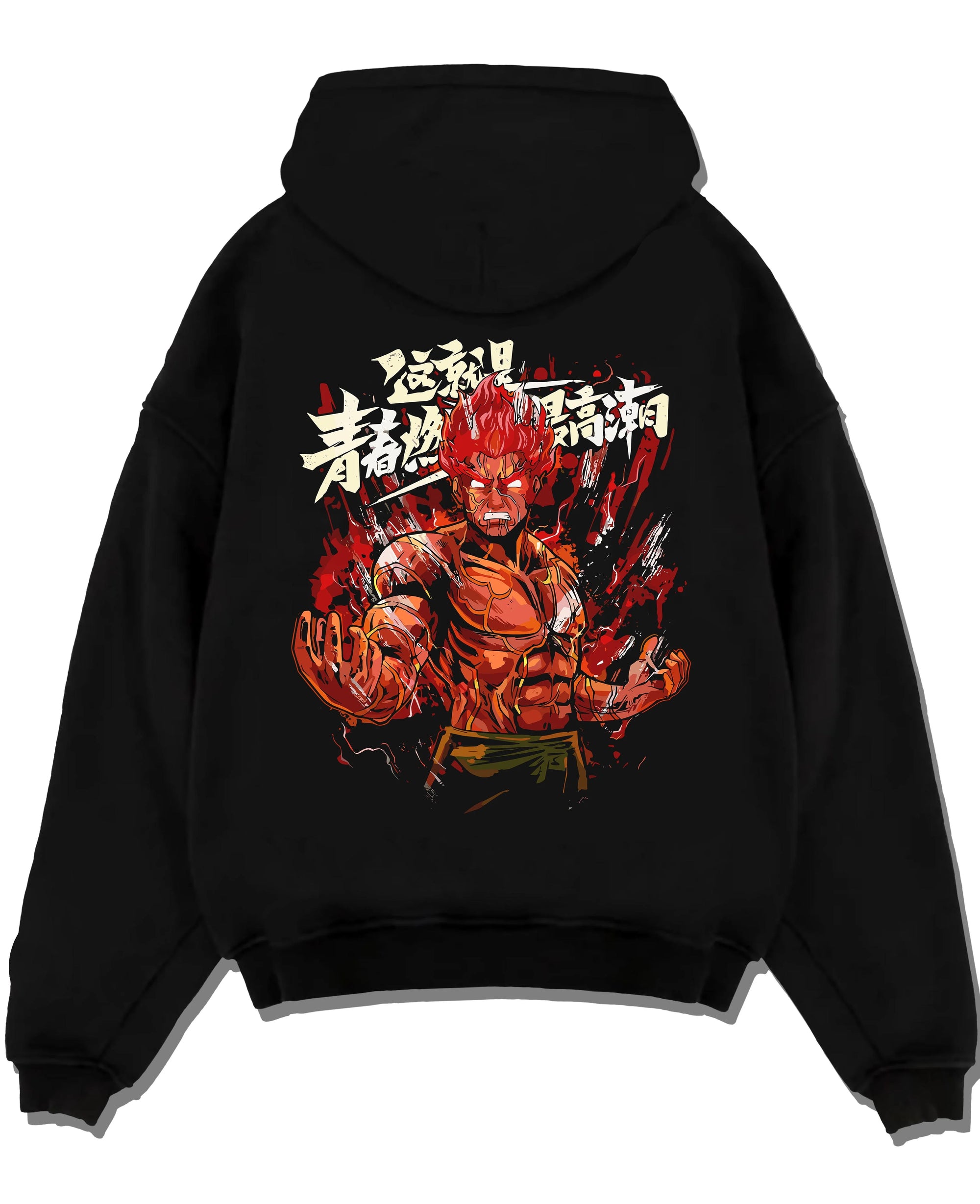 Black pullover hoodie laid flat, featuring Might Guy Naruto Shippuden Eight Gates fiery anime poster inspired streetwear artwork.