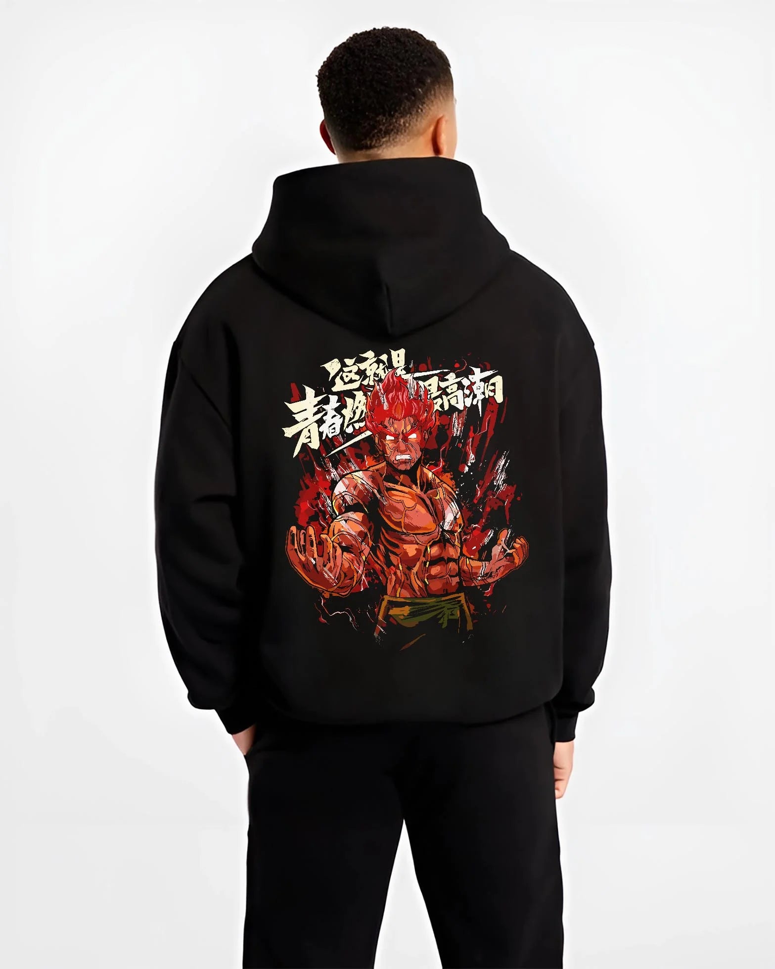 Black hoodie worn by male model, back view, showcasing Might Guy Naruto anime retro manga battle graphic with fiery motif.