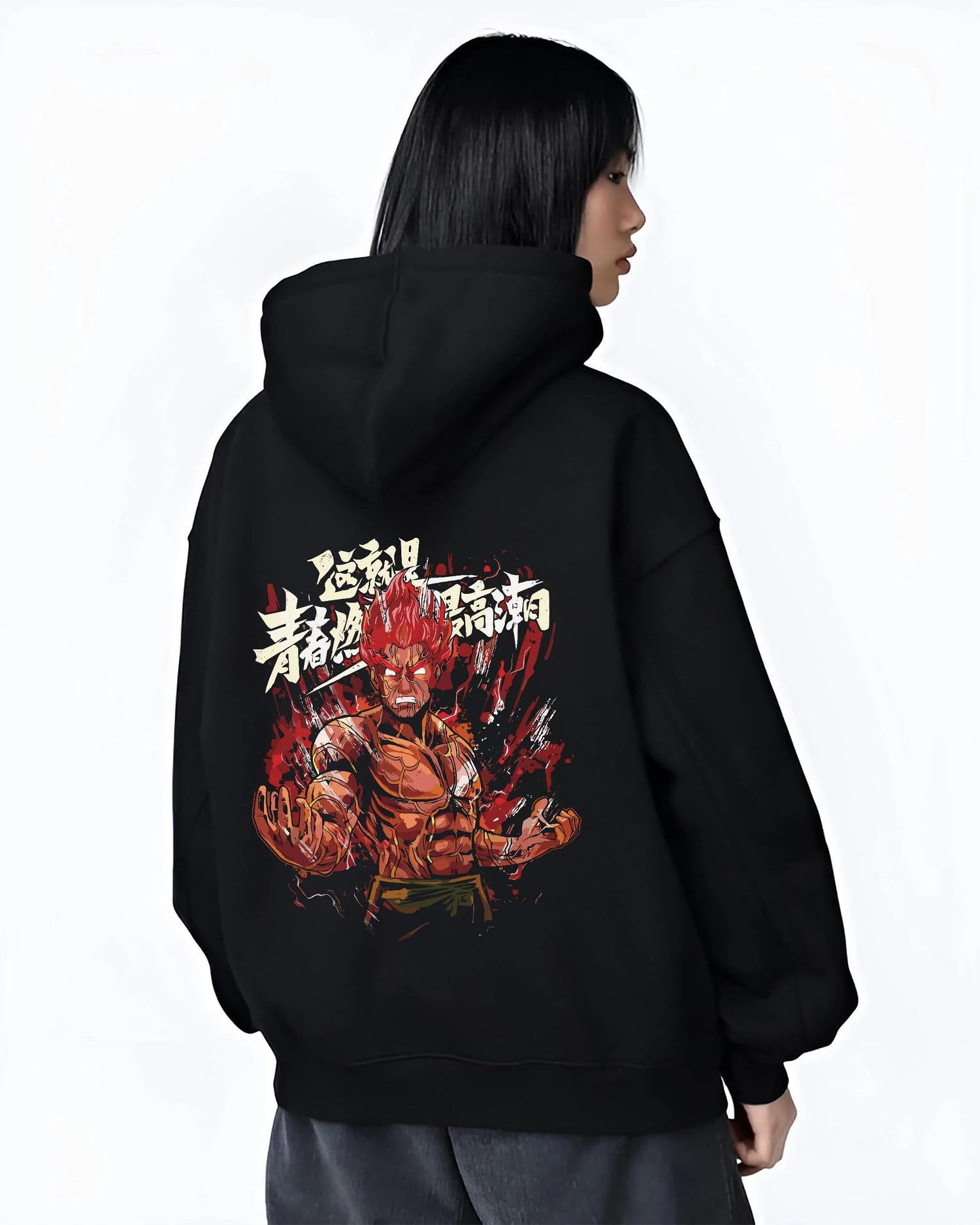Black hoodie worn by female model, back view, featuring Might Guy Naruto Shippuden dark manga panel inspired fiery Eight Gates design.
