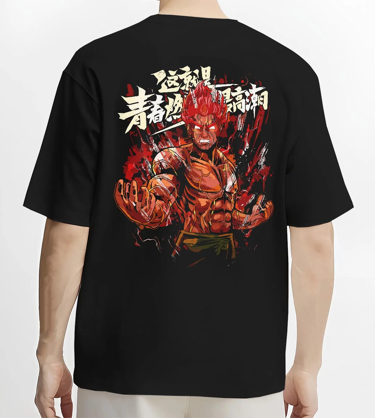 Black T-shirt worn by male model, back view, highlighting Might Guy Naruto anime shonen battle character artwork in bold streetwear style.