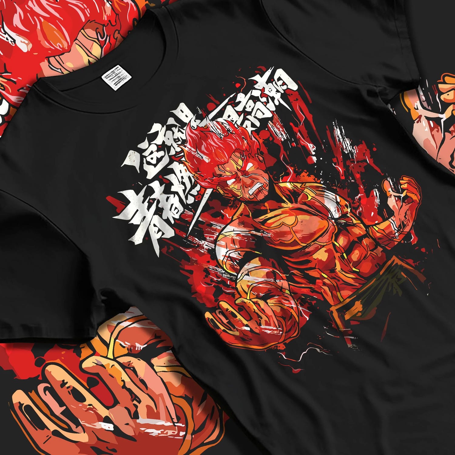 Black T-shirt laid flat with natural folds, featuring Naruto Might Guy Eight Gates fiery anime graphic in Japanese animation streetwear design.