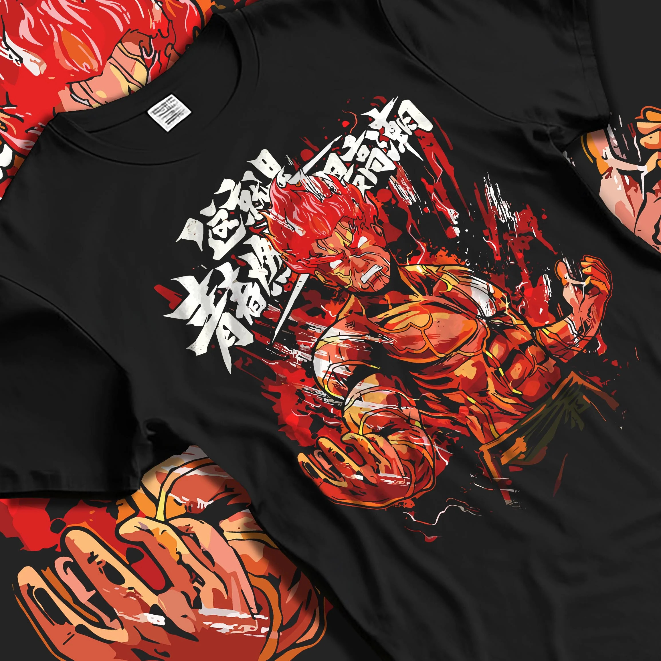 Black T-shirt laid flat with natural folds, featuring Naruto Might Guy Eight Gates fiery anime graphic in Japanese animation streetwear design.