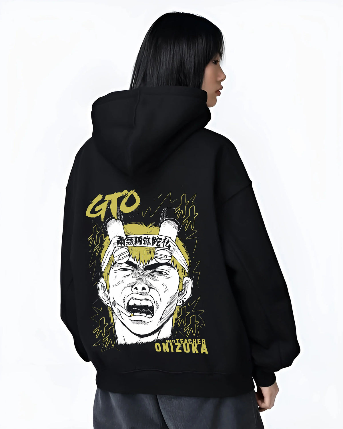 Black hoodie female model back view showing Eikichi Onizuka from Great Teacher Onizuka: Great Teacher Onizuka manga scream