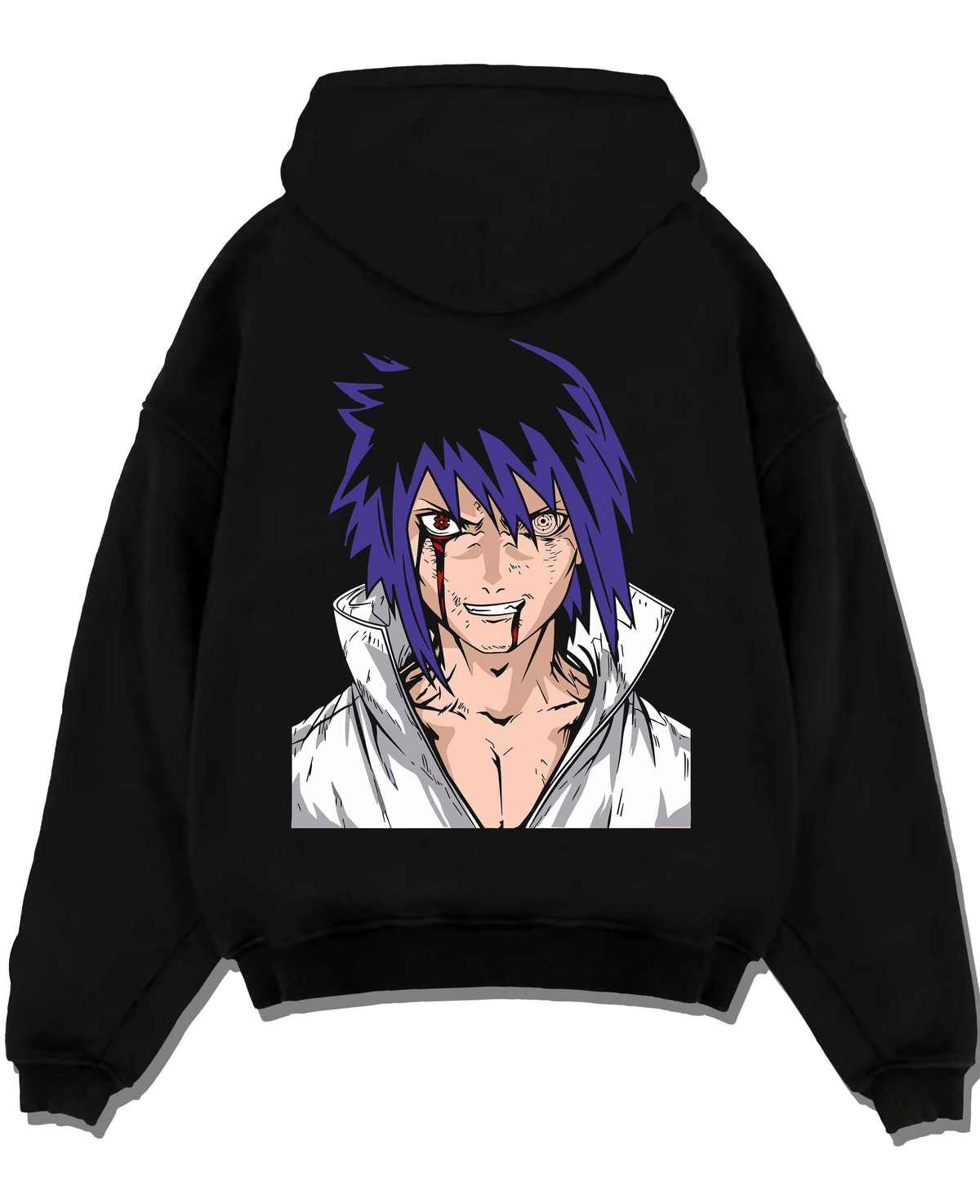 Black hoodie laid flat featuring Sasuke Uchiha Naruto elite prodigy artwork.