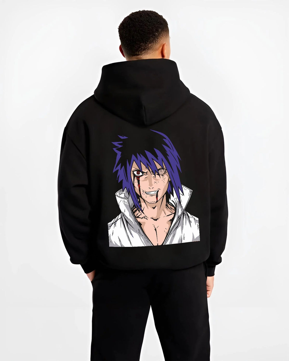 Black hoodie worn by male model from the back featuring Sasuke Uchiha Naruto elite prodigy artwork.