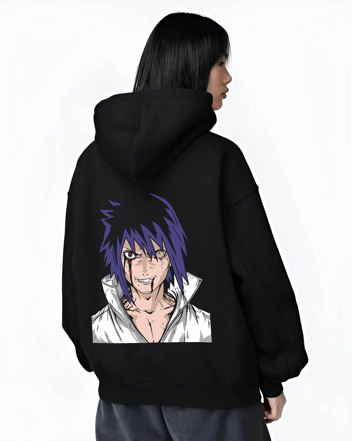 Black hoodie worn by female model from the back featuring Sasuke Uchiha Naruto elite prodigy artwork.
