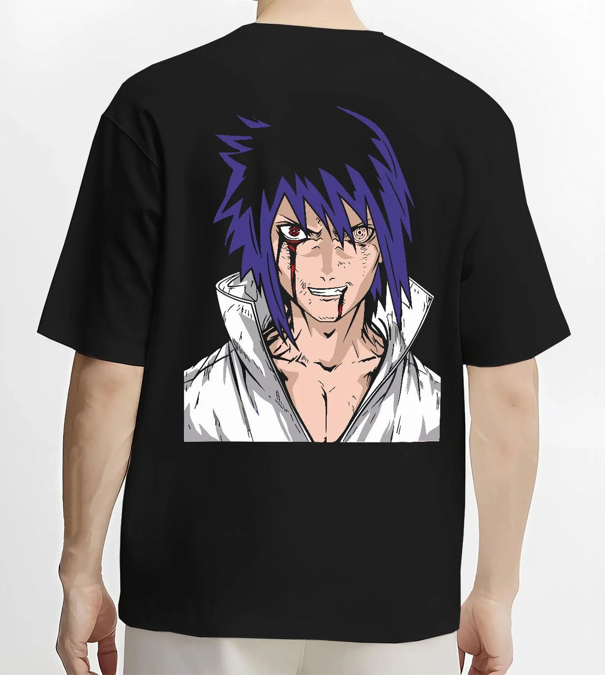 Black T-shirt worn by male model from the back featuring Sasuke Uchiha Naruto elite prodigy artwork.