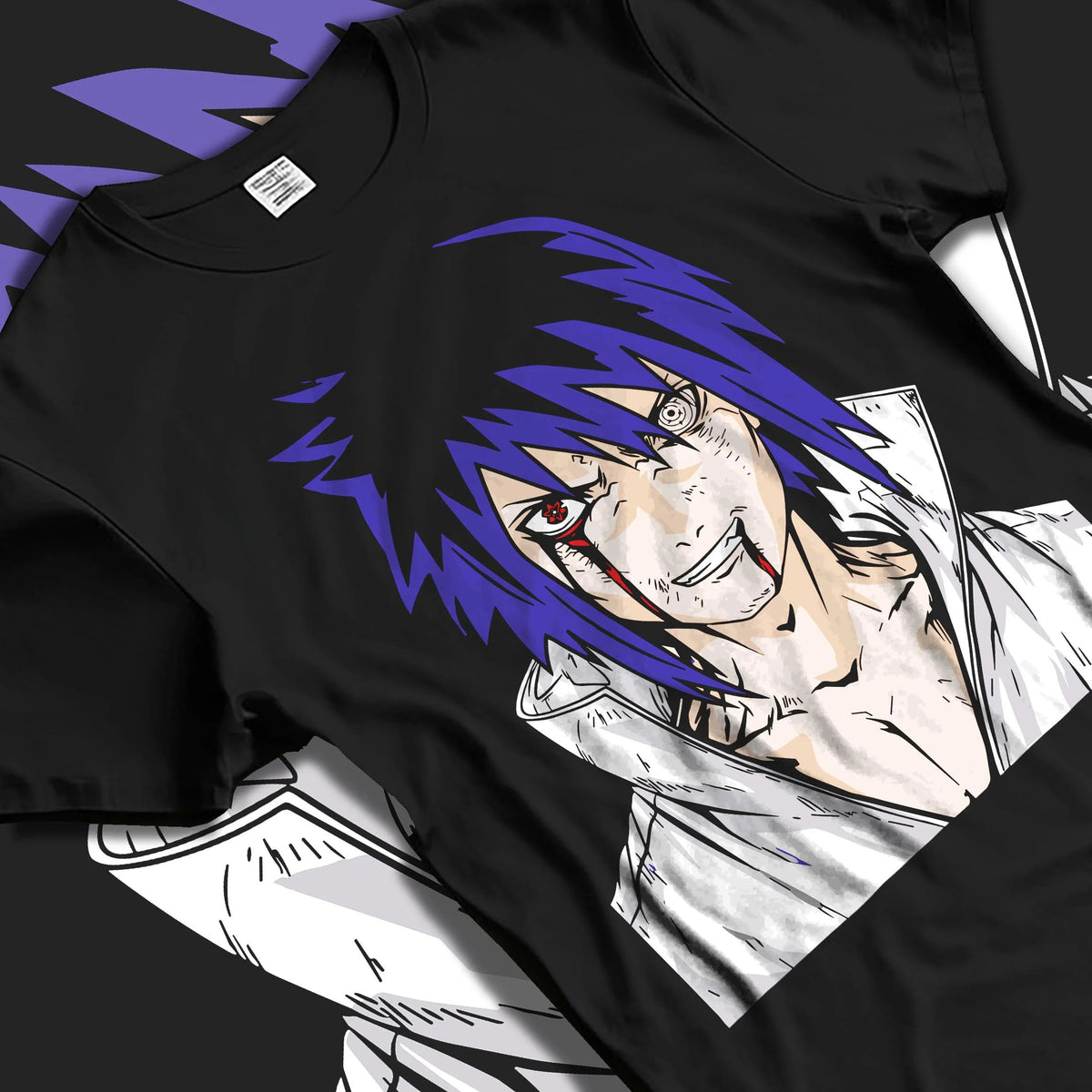 Black T-shirt laid flat with natural folds featuring Sasuke Uchiha Naruto elite prodigy artwork.