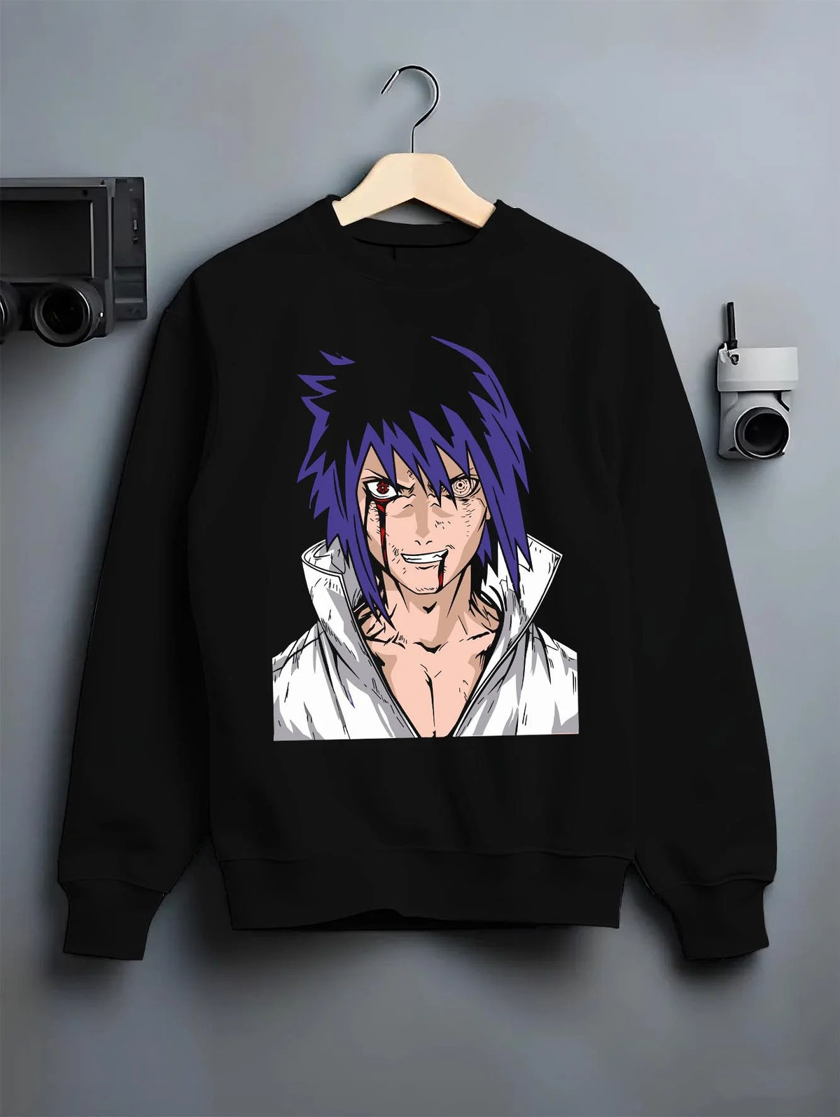 Black crewneck sweatshirt on hanger featuring Sasuke Uchiha Naruto elite prodigy artwork.