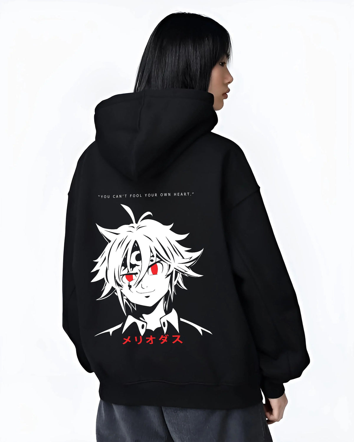 Black hoodie worn by female model from the back featuring Meliodas Seven Deadly Sins demon power artwork.