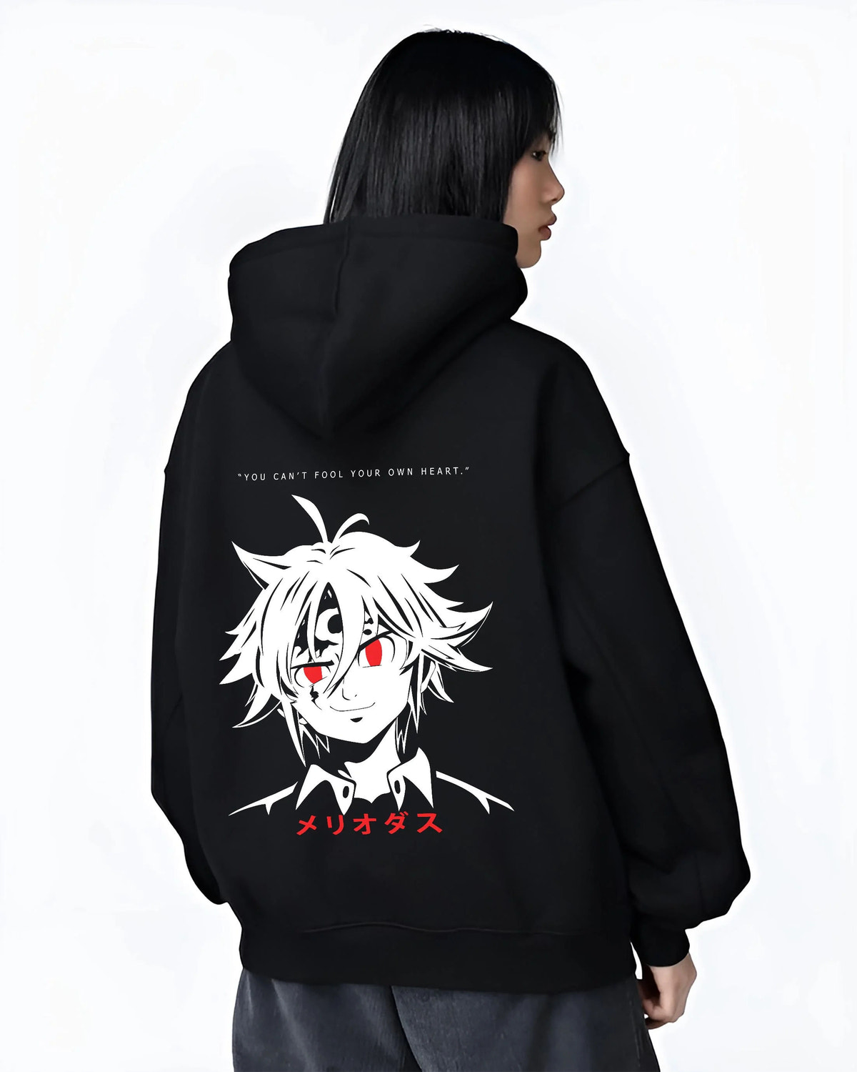 Black hoodie worn by female model from the back featuring Meliodas Seven Deadly Sins demon power artwork.
