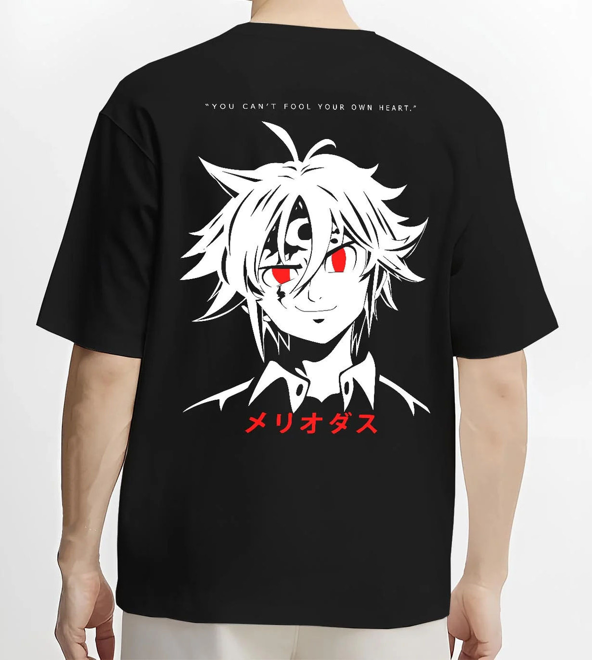 Black T-shirt worn by male model from the back featuring Meliodas Seven Deadly Sins demon power artwork.