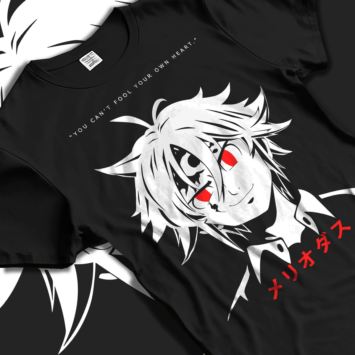 Black T-shirt laid flat with natural folds featuring Meliodas Seven Deadly Sins demon power artwork.