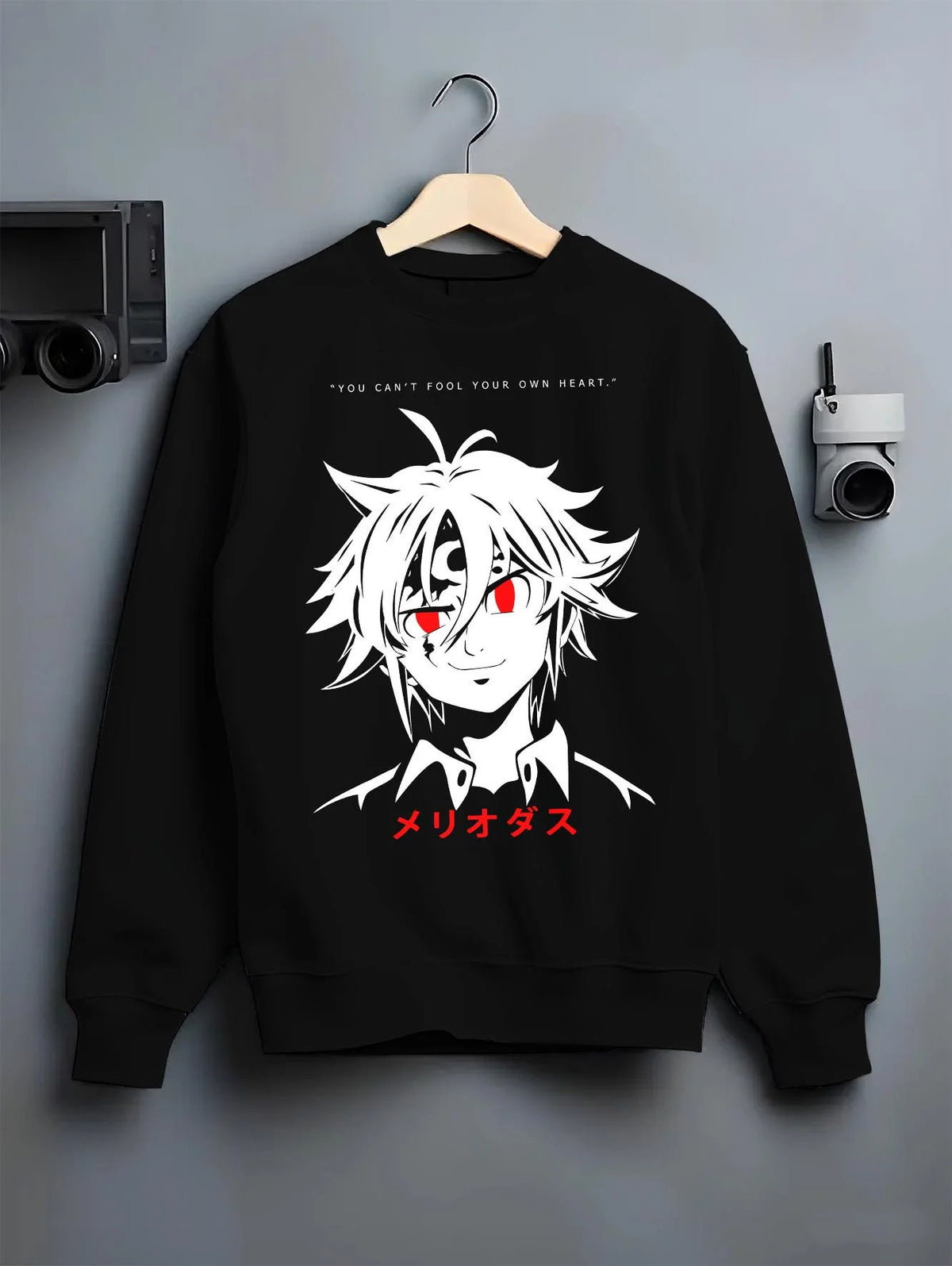 Black crewneck sweatshirt on hanger featuring Meliodas Seven Deadly Sins demon power artwork.