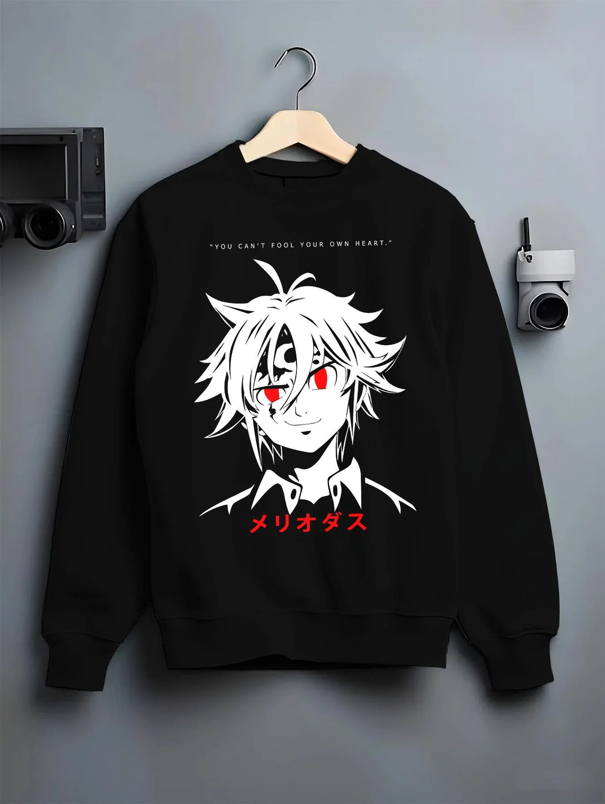 Black crewneck sweatshirt on hanger featuring Meliodas Seven Deadly Sins demon power artwork.