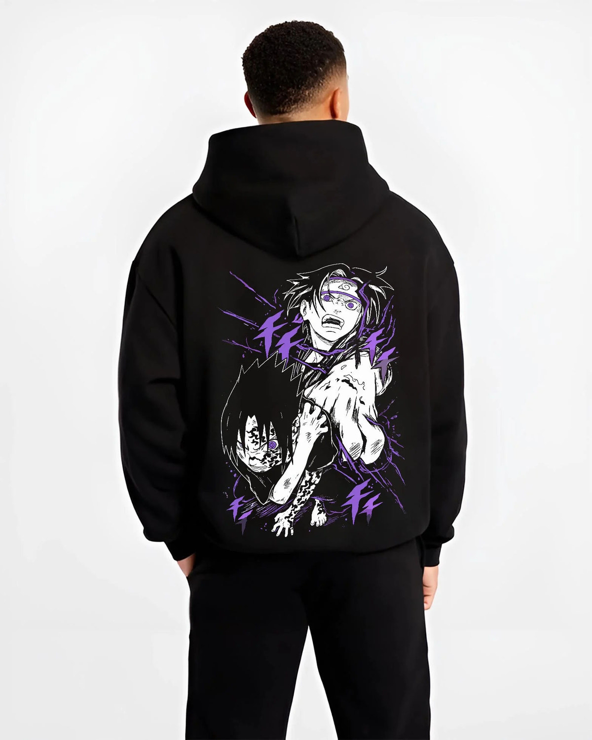 Black hoodie worn by male model from the back featuring Mahito Jujutsu Kaisen distorted soul artwork.