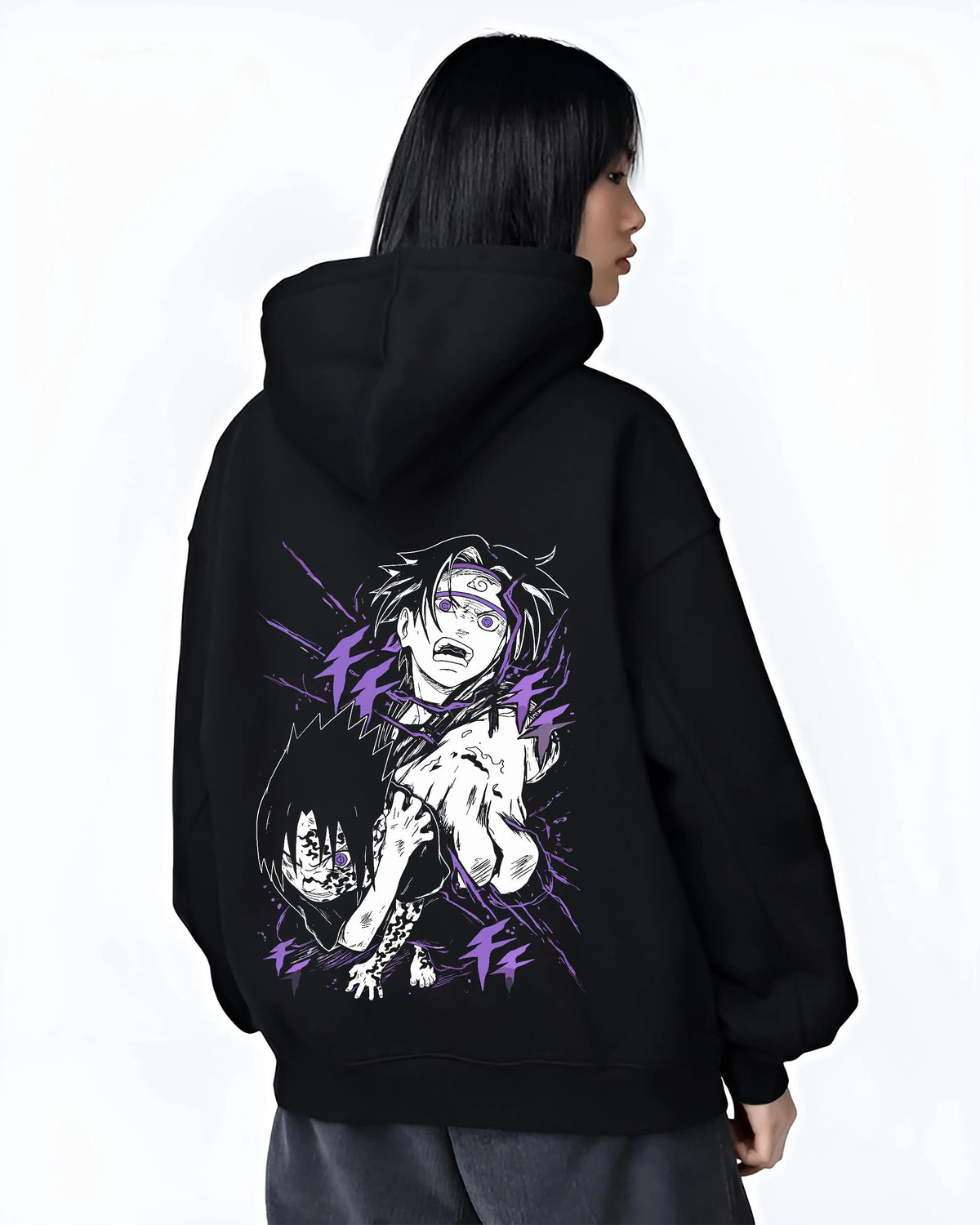 Black hoodie worn by female model from the back featuring Mahito Jujutsu Kaisen distorted soul artwork.