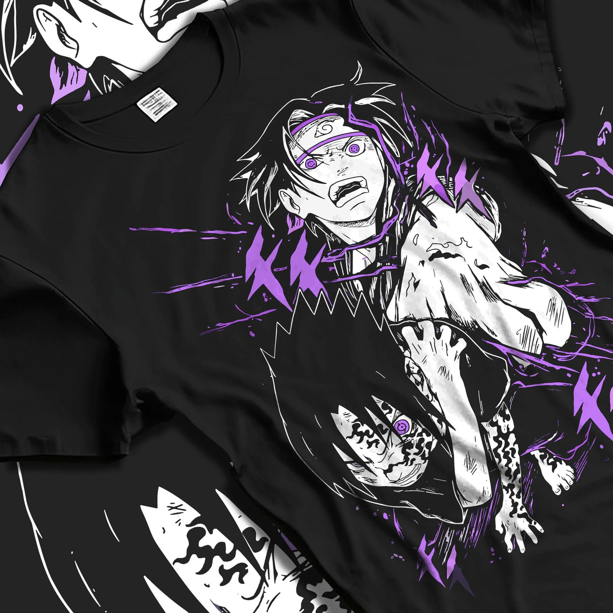 Black T-shirt laid flat with natural folds featuring Mahito Jujutsu Kaisen distorted soul artwork.