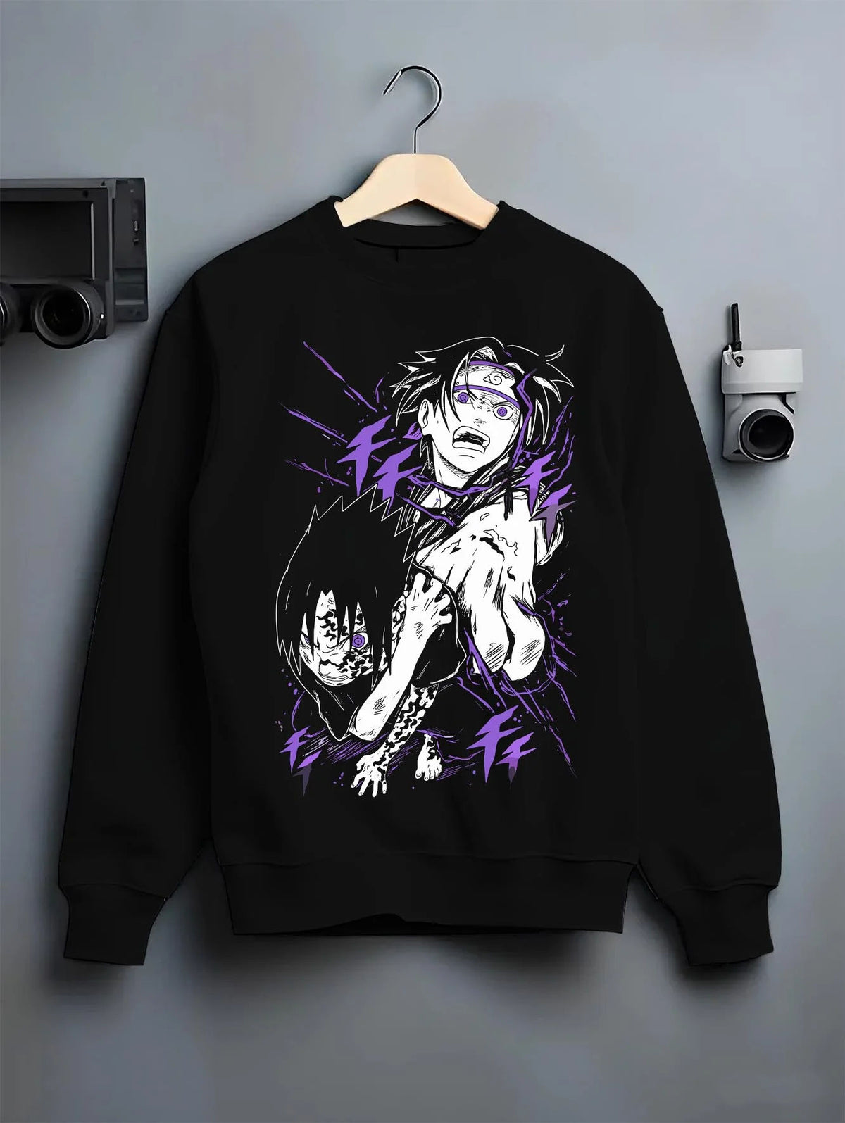 Black crewneck sweatshirt on hanger featuring Mahito Jujutsu Kaisen distorted soul artwork.