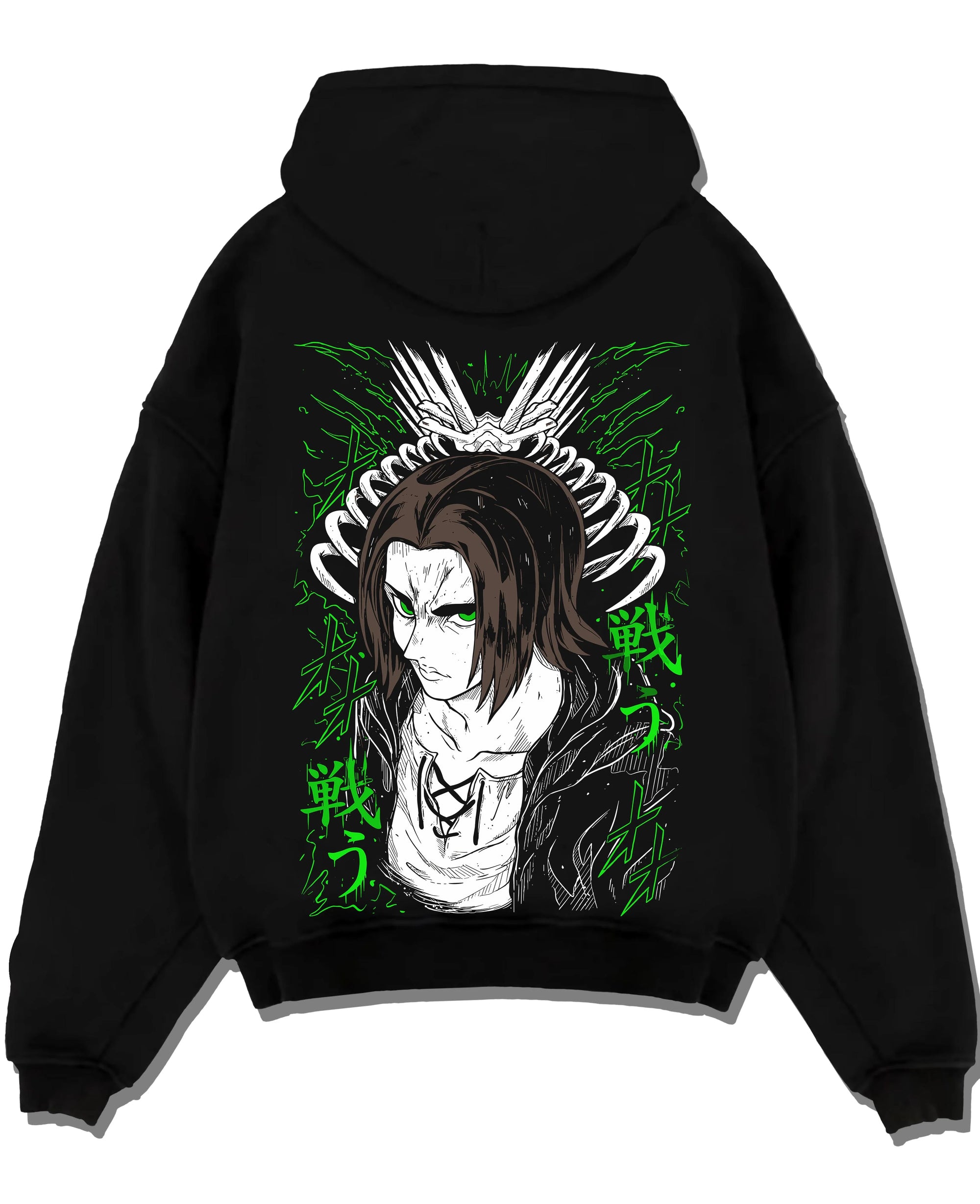 Black pullover hoodie laid flat with Eren Yeager Hoodie Attack on Titan Titan Chains Form graphic bold anime graphic.