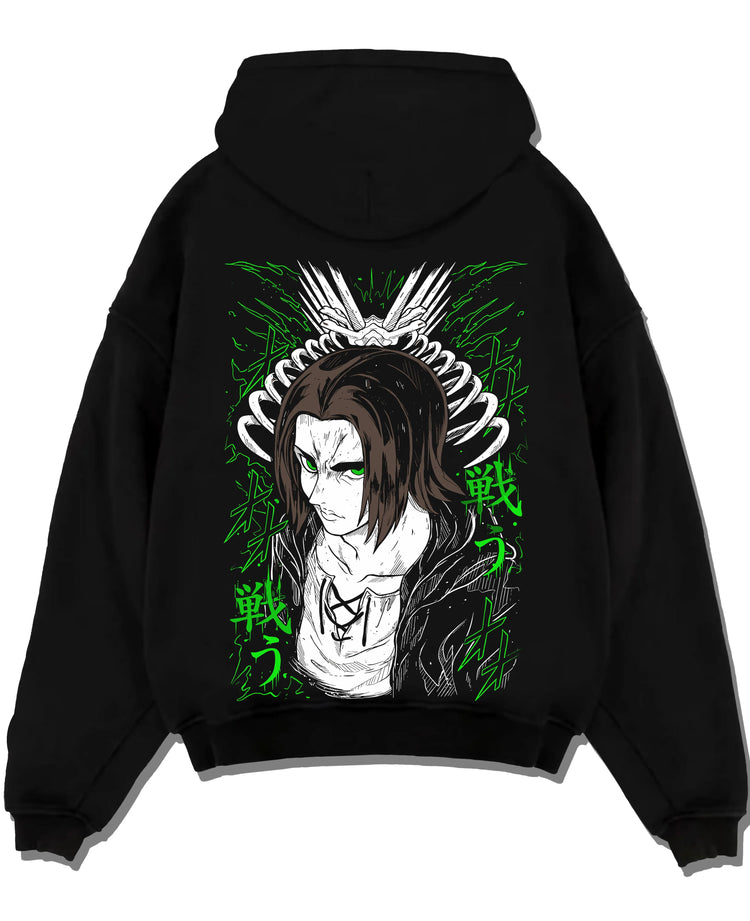 Black pullover hoodie laid flat with Eren Yeager Hoodie Attack on Titan Titan Chains Form graphic bold anime graphic.