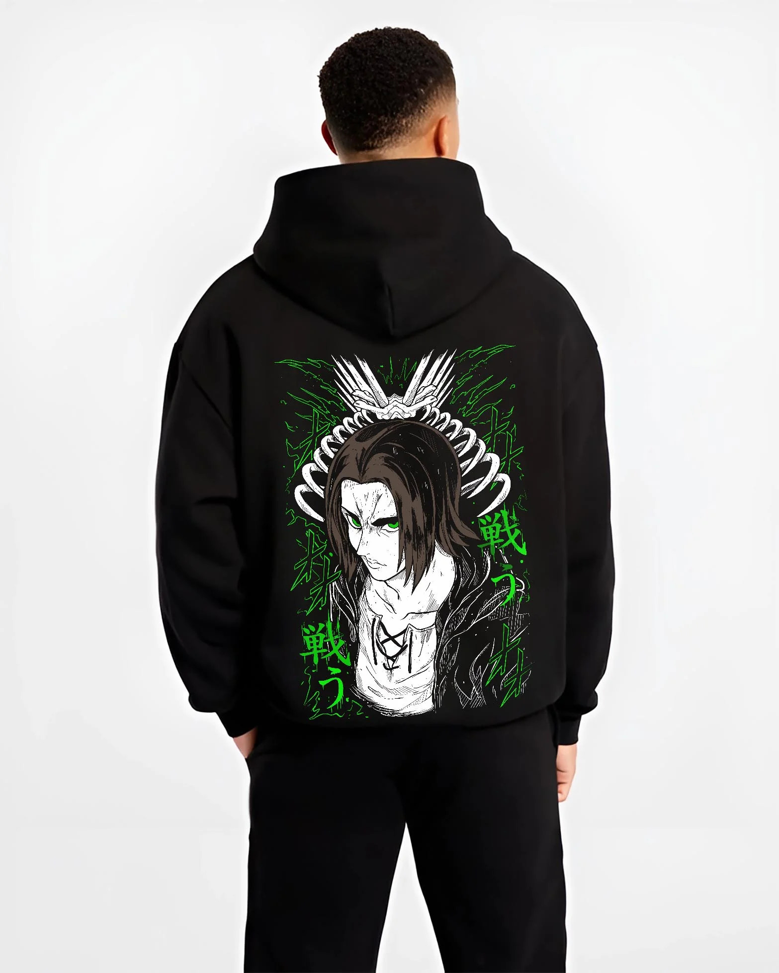 Black hoodie worn by male model, back view with Eren Yeager Hoodie Attack on Titan Titan Chains Form graphic streetwear graphic.