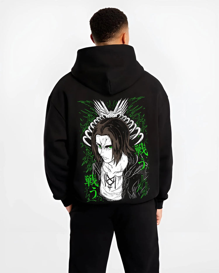 Black hoodie worn by male model, back view with Eren Yeager Hoodie Attack on Titan Titan Chains Form graphic streetwear graphic.