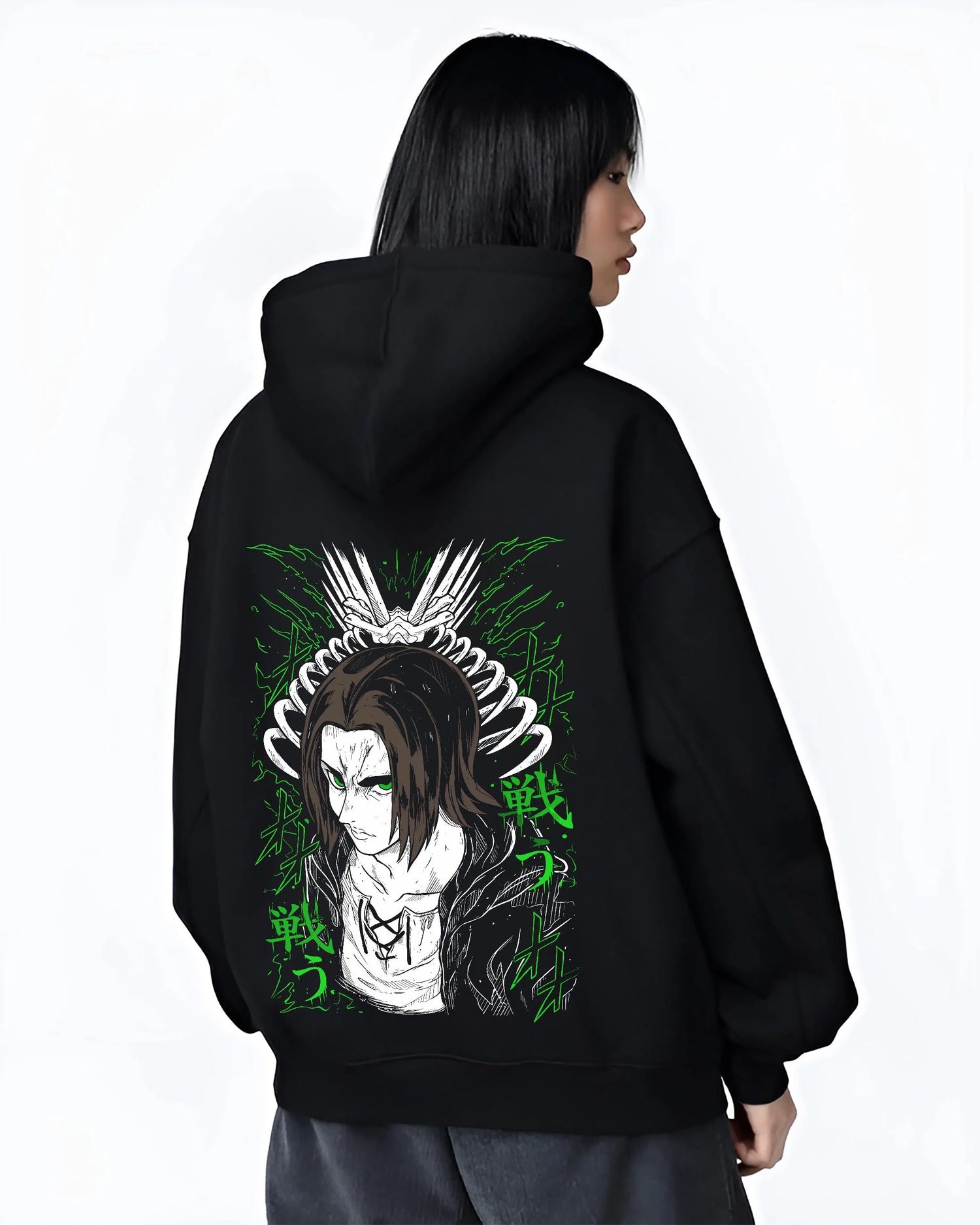 Black hoodie worn by female model, back view with Eren Yeager Hoodie Attack on Titan Titan Chains Form graphic premium wear.