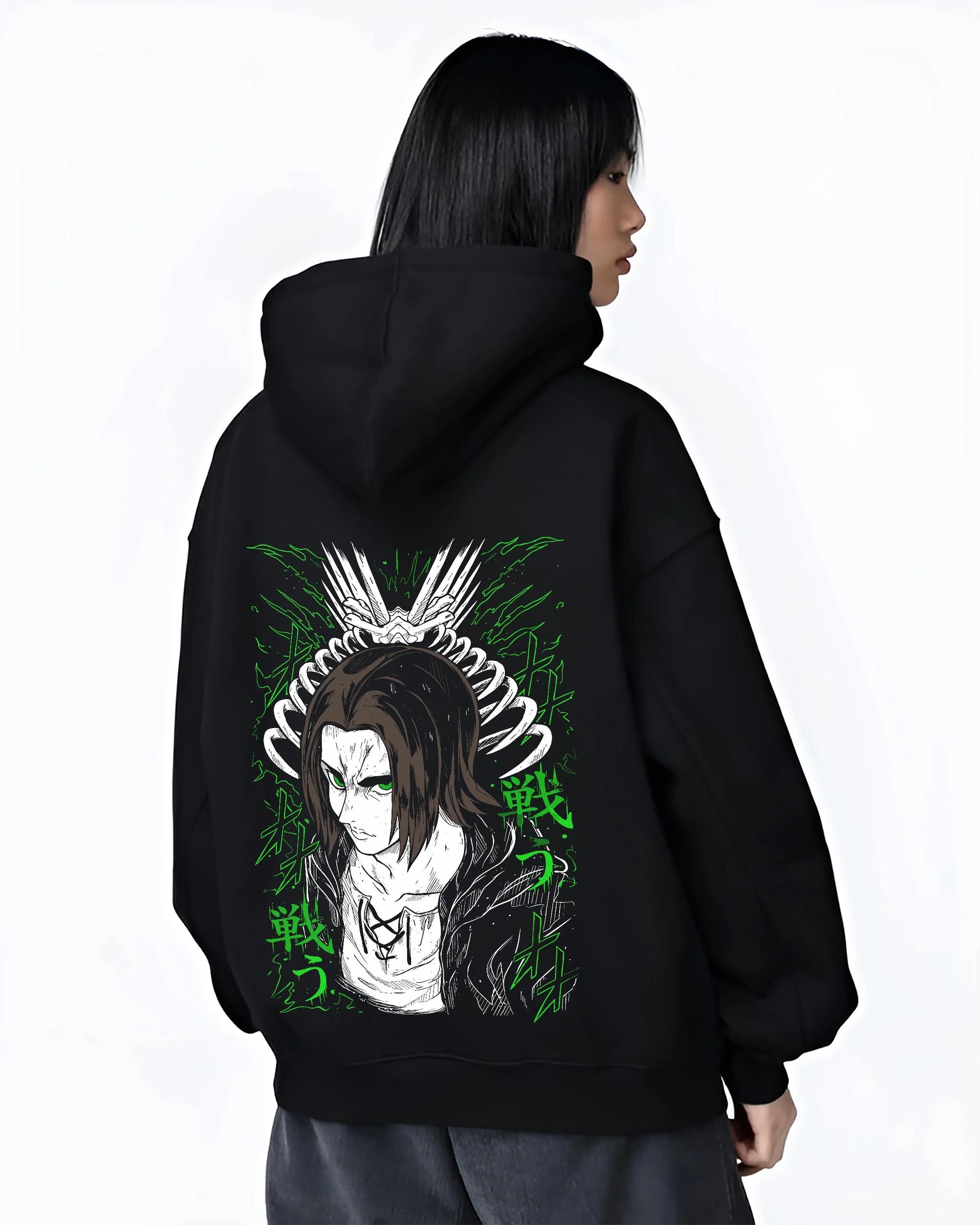 Black hoodie worn by female model, back view with Eren Yeager Hoodie Attack on Titan Titan Chains Form graphic premium wear.
