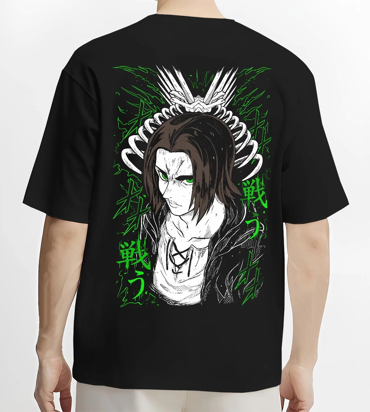 Black T-shirt worn by male model, back view with Eren Yeager Hoodie Attack on Titan Titan Chains Form graphic streetwear graphic.