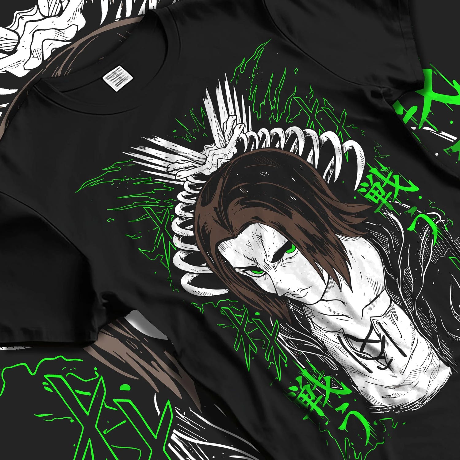 Black T-shirt laid flat with natural folds with Eren Yeager Hoodie Attack on Titan Titan Chains Form graphic bold anime graphic.