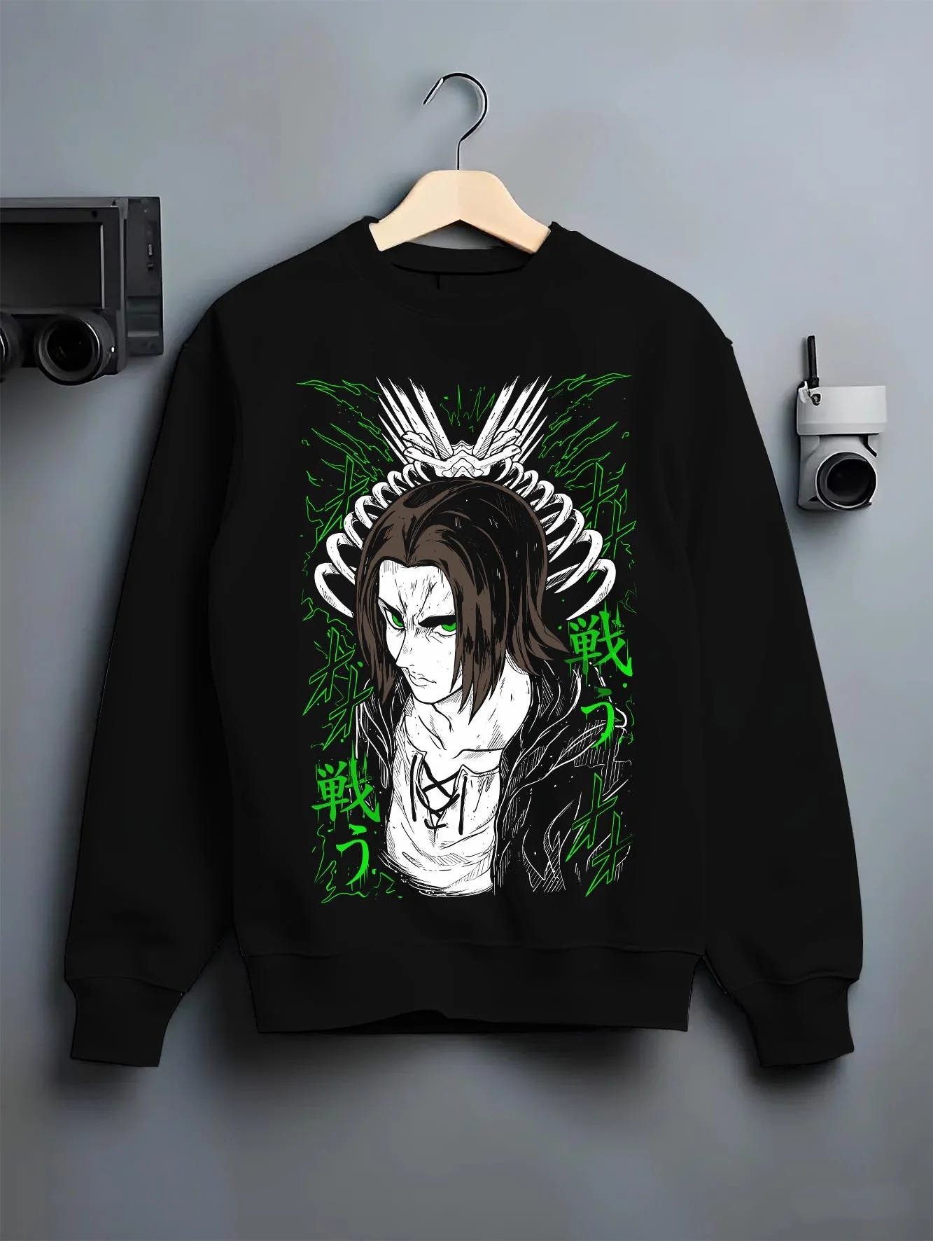 Black crewneck sweatshirt on hanger with Eren Yeager Hoodie Attack on Titan Titan Chains Form graphic premium wear.