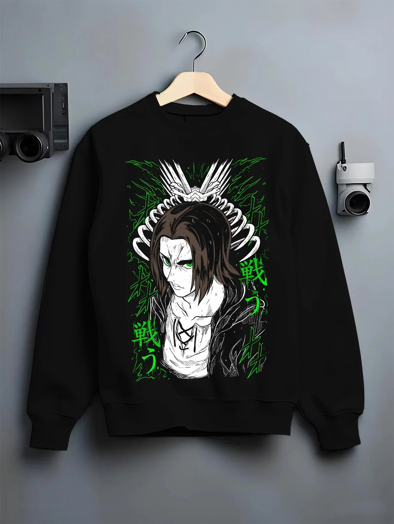 Black crewneck sweatshirt on hanger with Eren Yeager Hoodie Attack on Titan Titan Chains Form graphic premium wear.