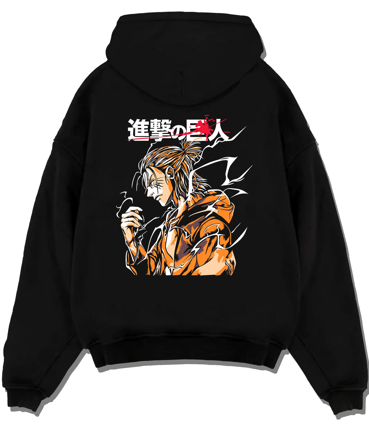 Black hoodie flat back view showing Eren Yeager / Attack Titan from Attack on Titan: orange transformation poster