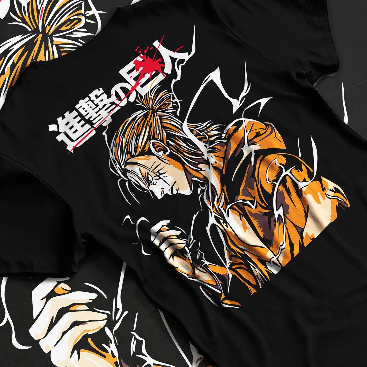 Black T-shirt flat back view showing Eren Yeager / Attack Titan from Attack on Titan: orange transformation poster